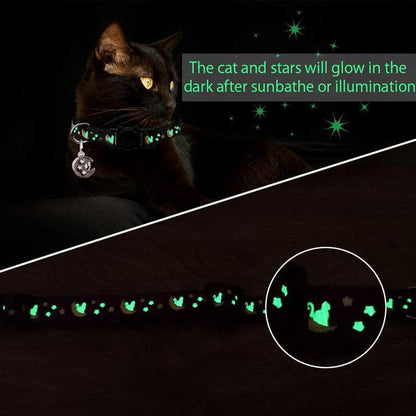 2 Separate Cat Collars, with Clock, Moon and Stars, Adjustable Kitten Collars, with Pendants, Glow in the Dark