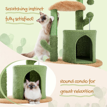 32" Cactus Cat Tree Tower with Cat Scratching Posts Cozy Condo Perch for Indoor Cats