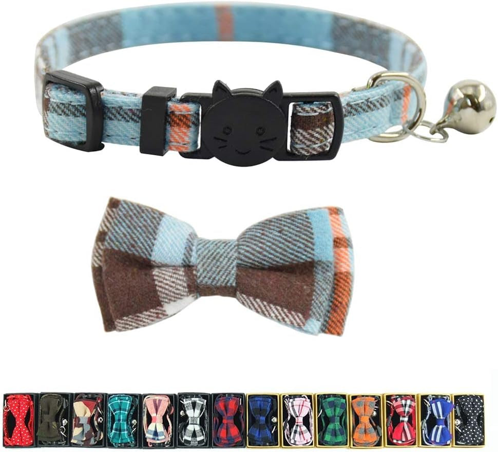 Cat Collar Breakaway with Bell and Bow Tie, Plaid Design Adjustable Safety Kitty Kitten Collars