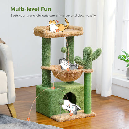 Cat Tree 33" Cute Cactus Cat Scratching Posts Tower with Large Top Perch and Hammock for Medium Indoor Cats, Green