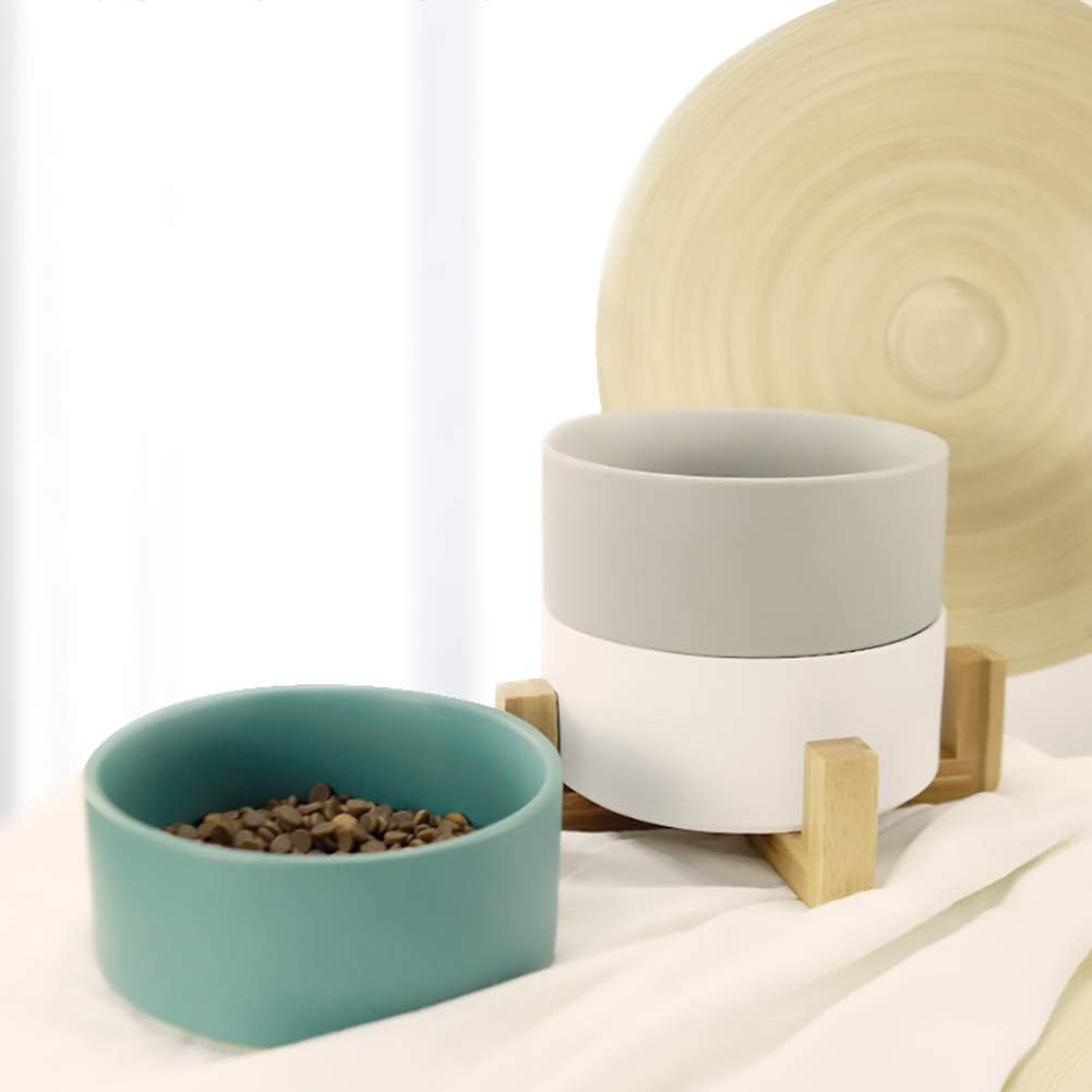 Ceramic Cat Bowl with Wood Stand, No Spill Pet Food Water Feeder