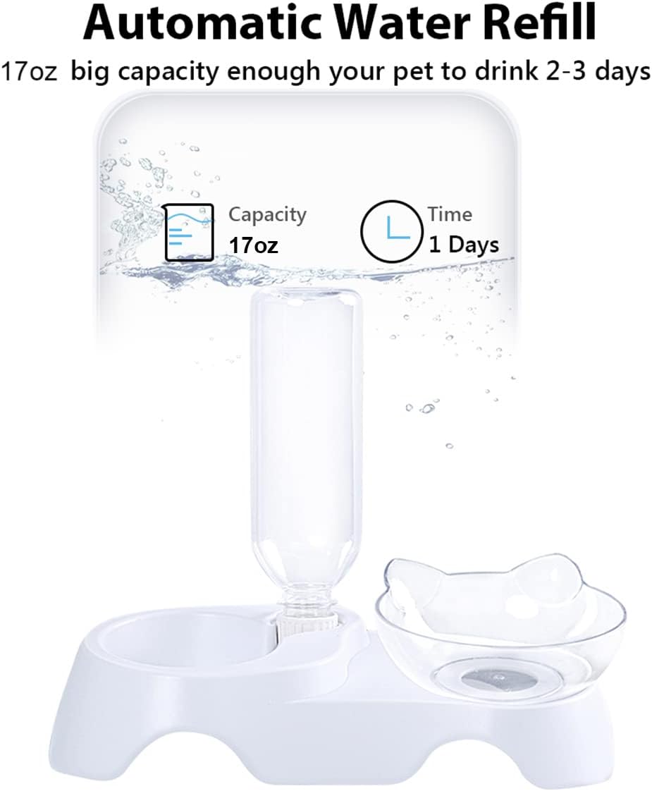 Double Cat Bowls - Pets Water and Food Bowl Set, 15°Tilted Water and Food Bowl Set with Automatic Waterer Bottle for Small or Medium Size Cats