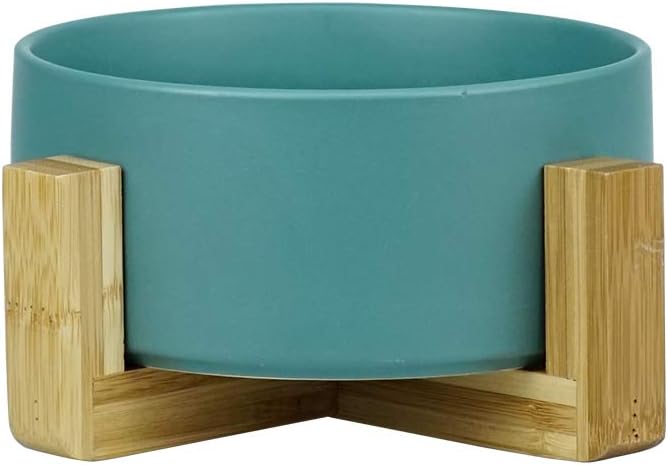 Ceramic Cat Bowl with Wood Stand, No Spill Pet Food Water Feeder