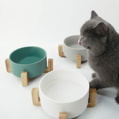 Ceramic Cat Bowl with Wood Stand, No Spill Pet Food Water Feeder