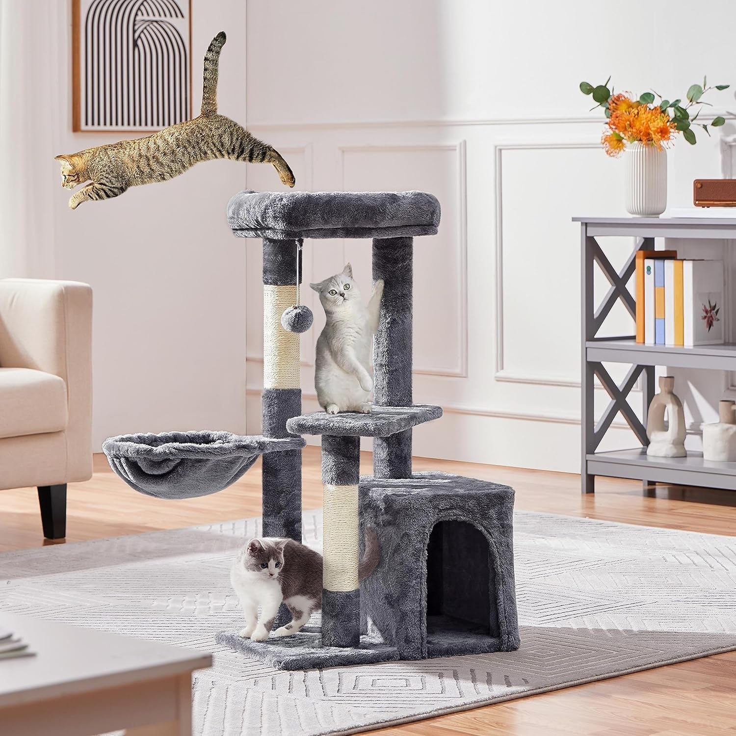 Cat Tree 34In Cat Tower, Multi-Level Cat Condo with Extra Scratch Boards and Sisal Posts as Kitty Activity Center