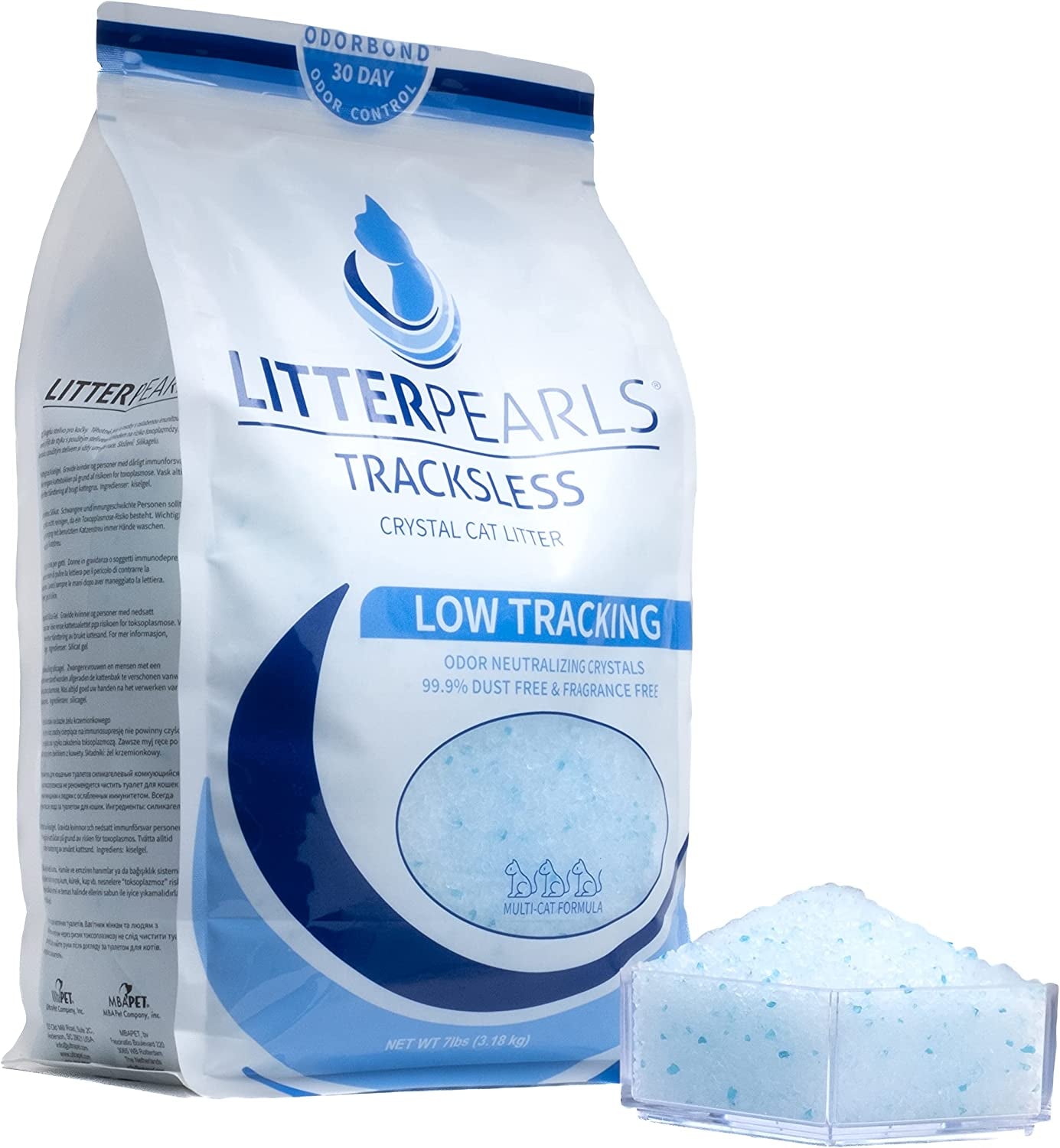 Tracksless Unscented Non-Clumping Crystal Cat Litter with Odorbond, 7 Lb, White, Clear and Blue Crystals