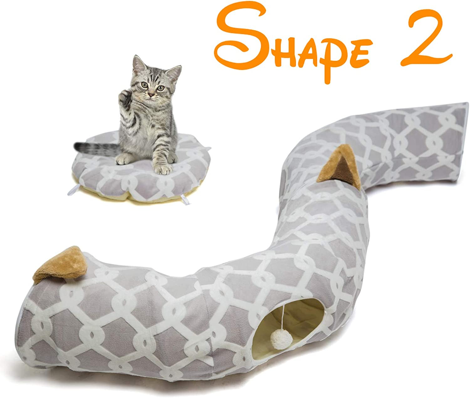 Large Cat Tunnel Bed with Plush Cover,Fluffy Toy Balls, Small Cushion and Flexible Design