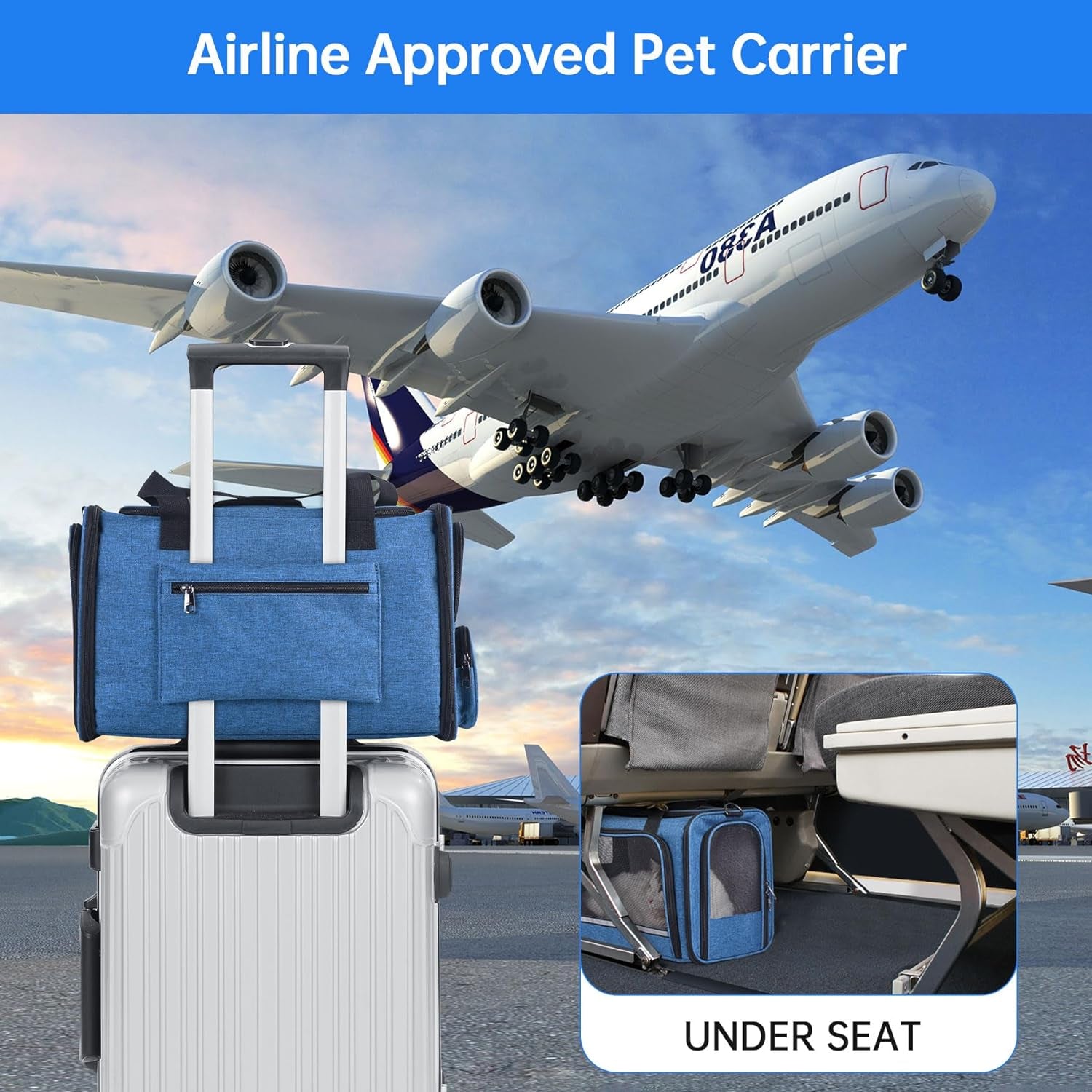 Cat Carrier Pet Travel Carrier by Airplane Approved under Seat, TSA Airline Approved Soft-Sided Carrier Bag for Cat,17.5 X 8.5 X 11 Inches (Blue)