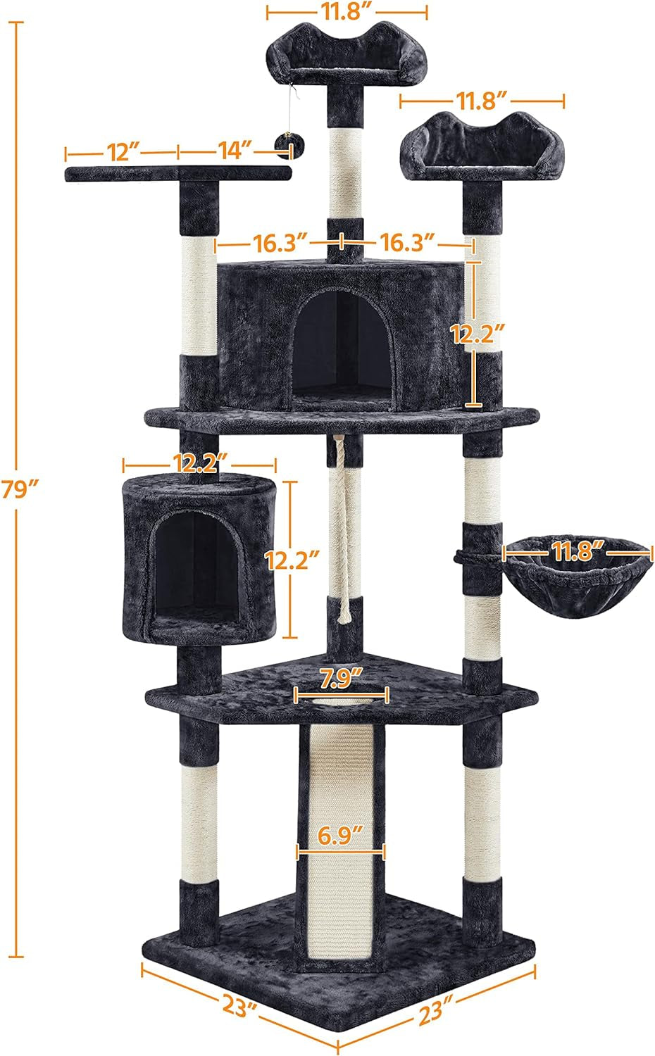 79 in Cat Tree Tower, Multilevel Cat Trees Plush Covered Cat Tower with 2 Extra Large Condos, Comfy Basket, Sisal Scratching Posts