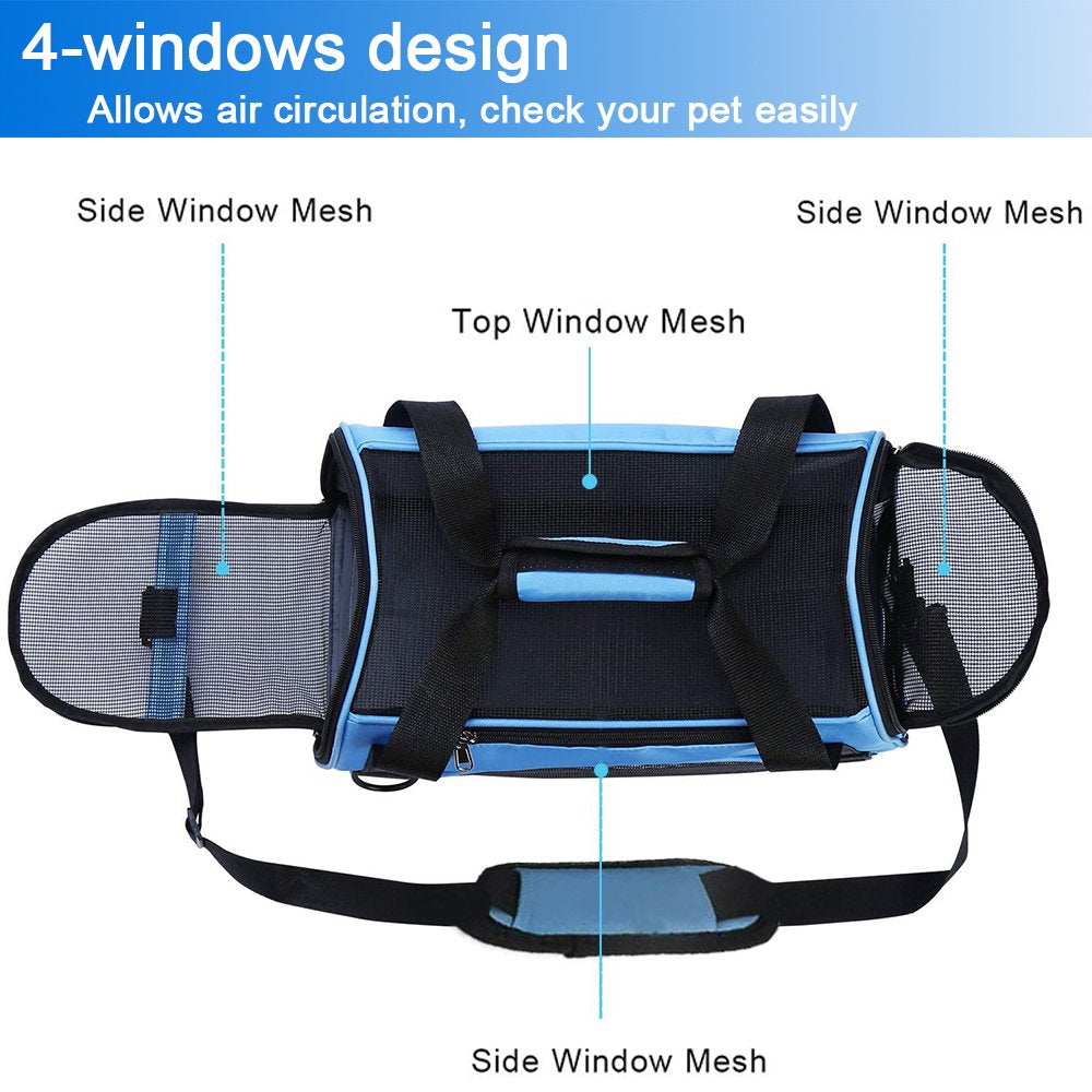 Cat Carrier Airline Approved Pet Carrier Soft Sided Carriers, 4-Window Portable Foldable Travel Bag for Medium Large Cats, Kitten (Large, Blue)