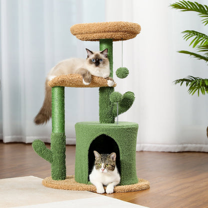 32" Cactus Cat Tree Tower with Cat Scratching Posts Cozy Condo Perch for Indoor Cats