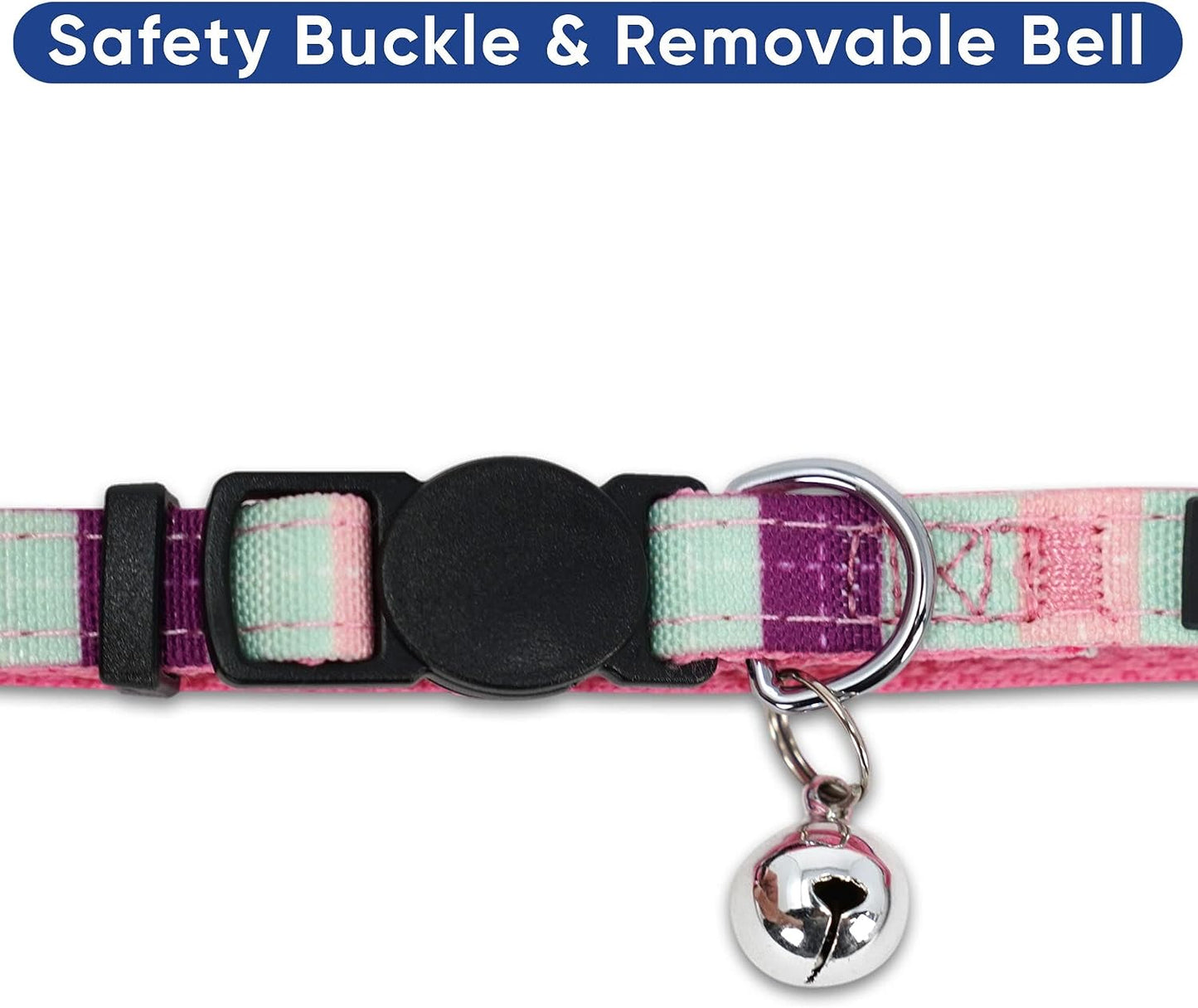 Pet Multicolor Cat Collar with Safety Buckle and Removable Bell 