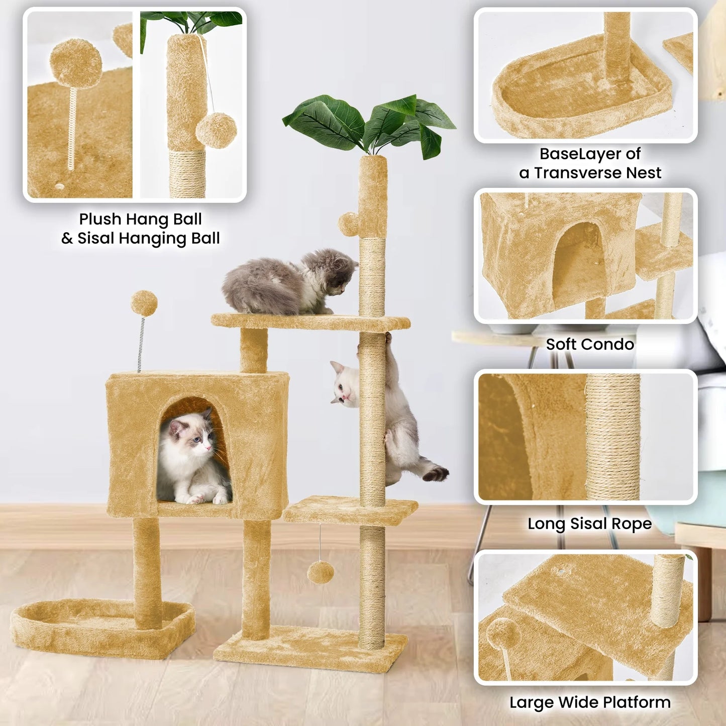 Cat Tree,52" Cat Tower for Indoor Cats, Cat Tree with Scratching Posts, Plush Perch Stand