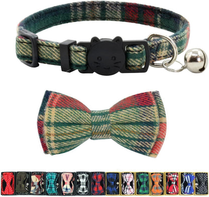 Cat Collar Breakaway with Bell and Bow Tie, Plaid Design Adjustable Safety Kitty Kitten Collars