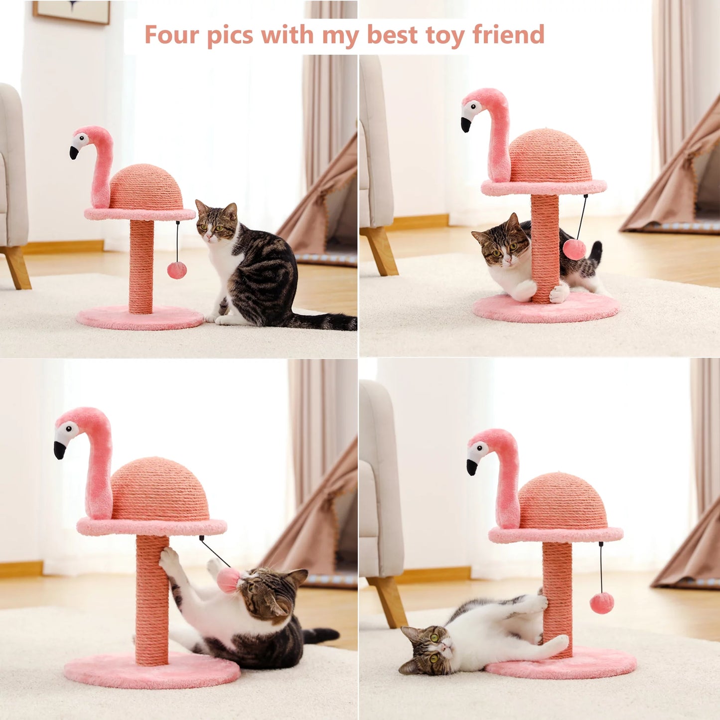 Cat Scratching Post Flamingo Sisal Claw Scratcher Post for Small Cat, Pink