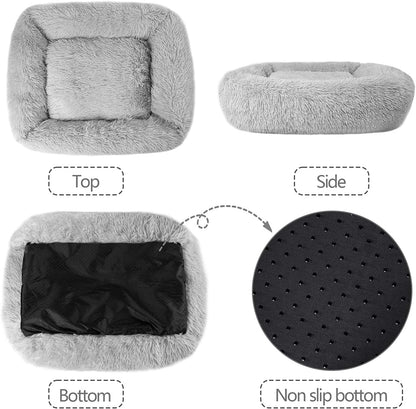 Cat Bed for Indoor Cats, Soft Long Plush Cushion Washable Pet Bed ,Self-Warming Square Cat Bed, Anti-Slip Bottom Cushion 