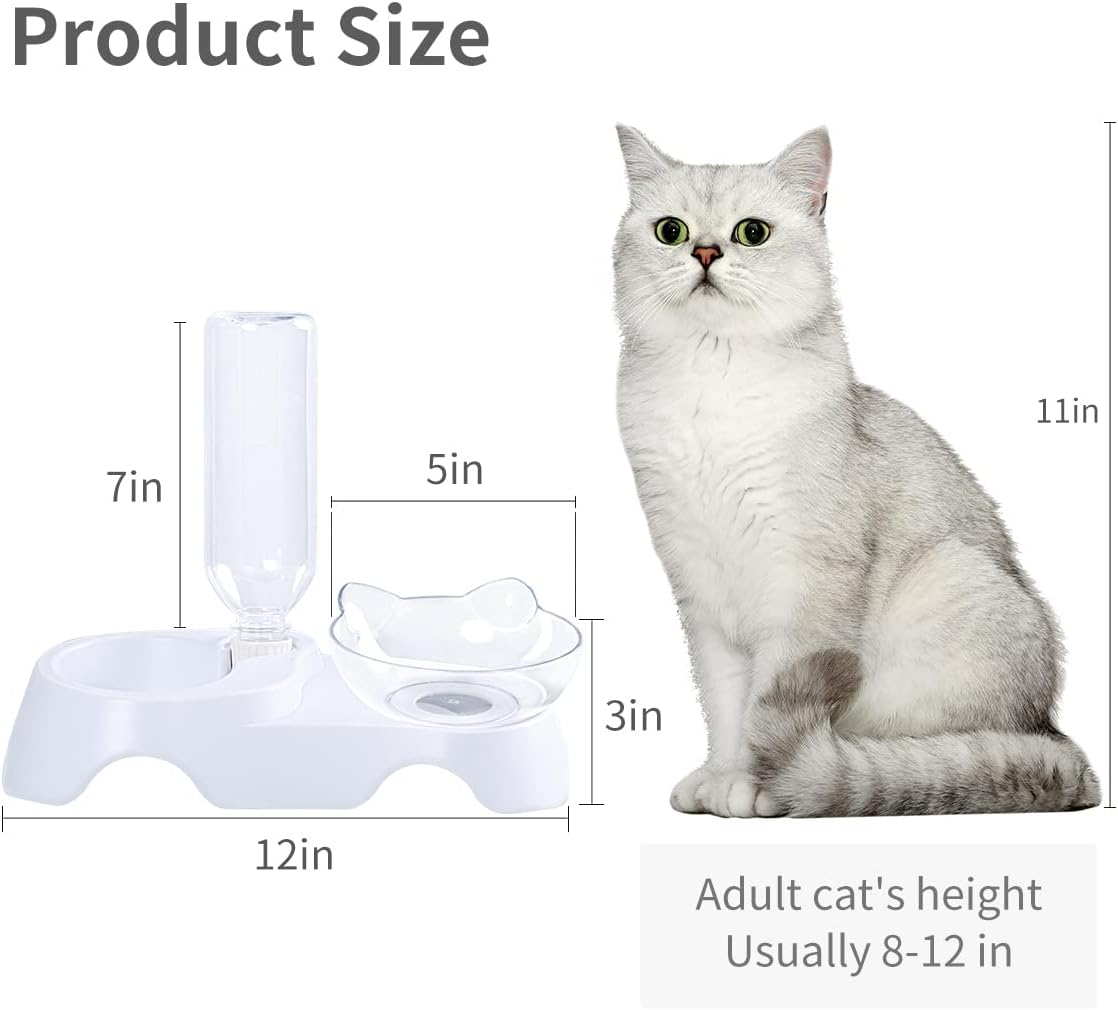 Double Cat Bowls - Pets Water and Food Bowl Set, 15°Tilted Water and Food Bowl Set with Automatic Waterer Bottle for Small or Medium Size Cats