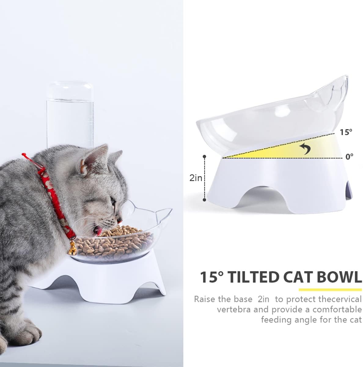 Double Cat Bowls - Pets Water and Food Bowl Set, 15°Tilted Water and Food Bowl Set with Automatic Waterer Bottle for Small or Medium Size Cats