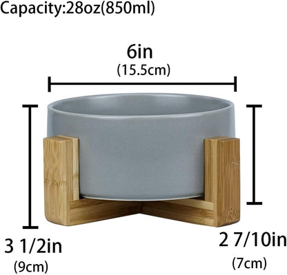 Ceramic Cat Bowl with Wood Stand, No Spill Pet Food Water Feeder