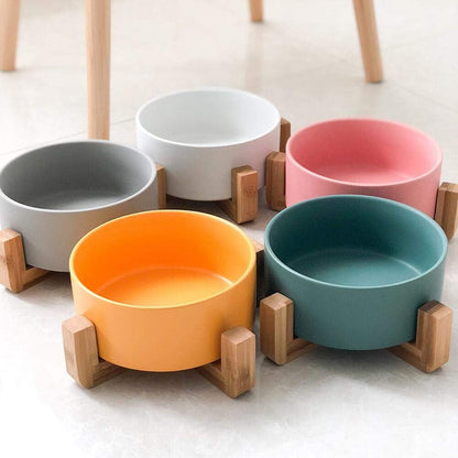 Ceramic Cat Bowl with Wood Stand, No Spill Pet Food Water Feeder