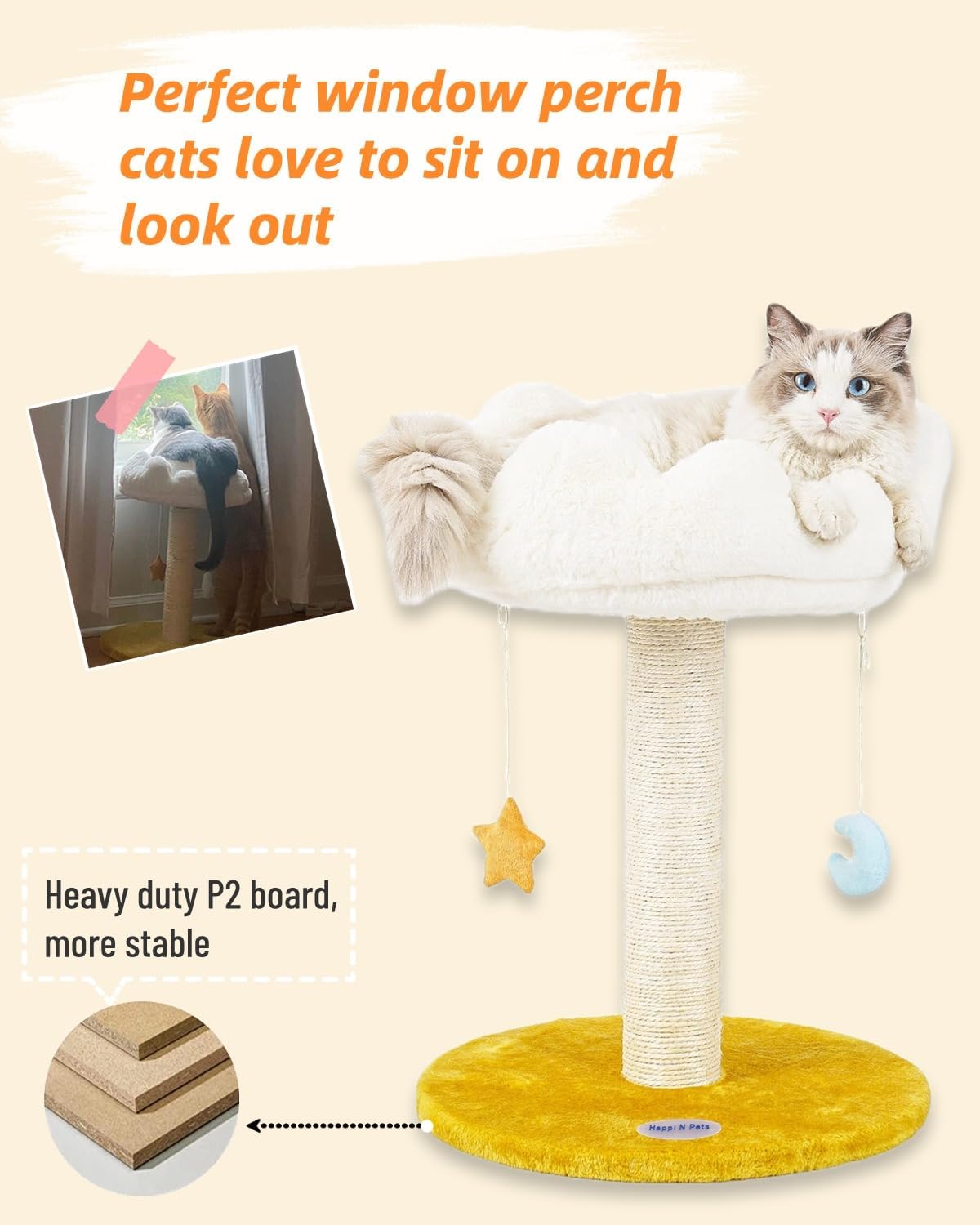 Cloud Cat Scratching Post with Bed, Cat Tree Tower for Indoor Cats, Natural Sisal Cat Scratcher with Soft Perch for Kitten & Adult Cats, Small Cat Tower with Toys, Cat Activity Tree