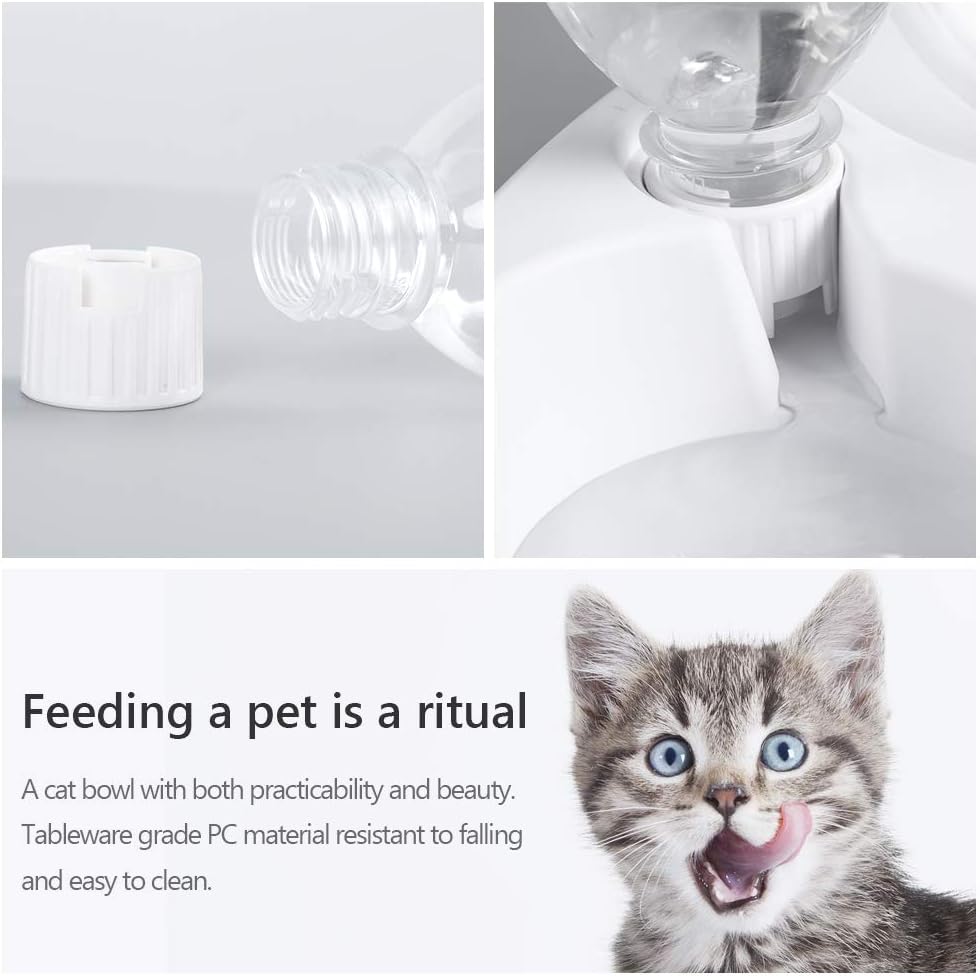 Double Cat Bowls - Pets Water and Food Bowl Set, 15°Tilted Water and Food Bowl Set with Automatic Waterer Bottle for Small or Medium Size Cats