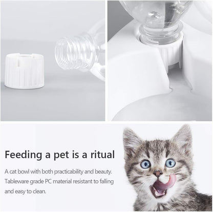 Double Cat Bowls - Pets Water and Food Bowl Set, 15°Tilted Water and Food Bowl Set with Automatic Waterer Bottle for Small or Medium Size Cats