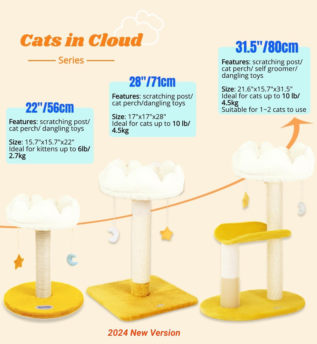 Cloud Cat Scratching Post with Bed, Cat Tree Tower for Indoor Cats, Natural Sisal Cat Scratcher with Soft Perch for Kitten & Adult Cats, Small Cat Tower with Toys, Cat Activity Tree