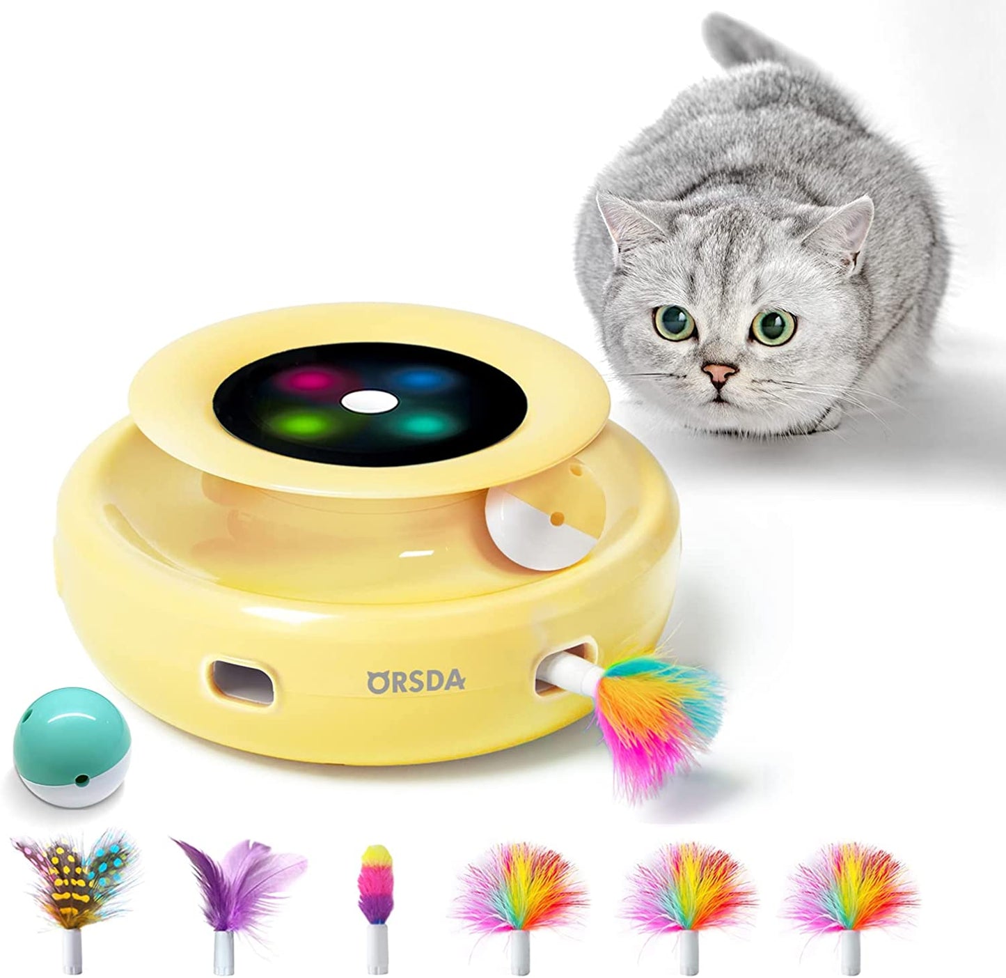 Cat Toys, 2-In-1 Interactive Cat Toys for Indoor Cats, Automatic Cat Toy Balls, Mice Toys Ambush Feather Kitten Toys with 7Pcs Attachments, Dual Power Supplies, Adjustable Speed, Auto On/Off