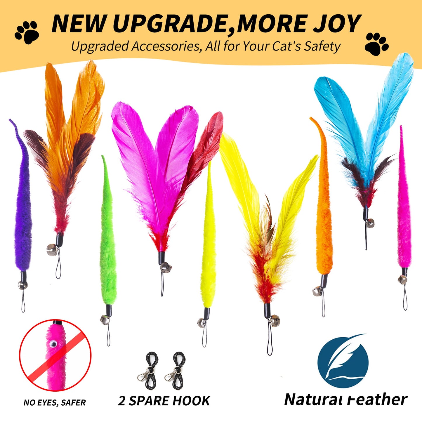 Interactive Cat Feather Toys for Indoor Cats, 2 Retractable Cat Teaser Wand and 1 Rainbow Wand with 9 Refills and 2 Spare Hook(14 Pack)