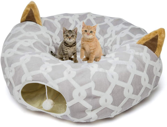 Large Cat Tunnel Bed with Plush Cover,Fluffy Toy Balls, Small Cushion and Flexible Design