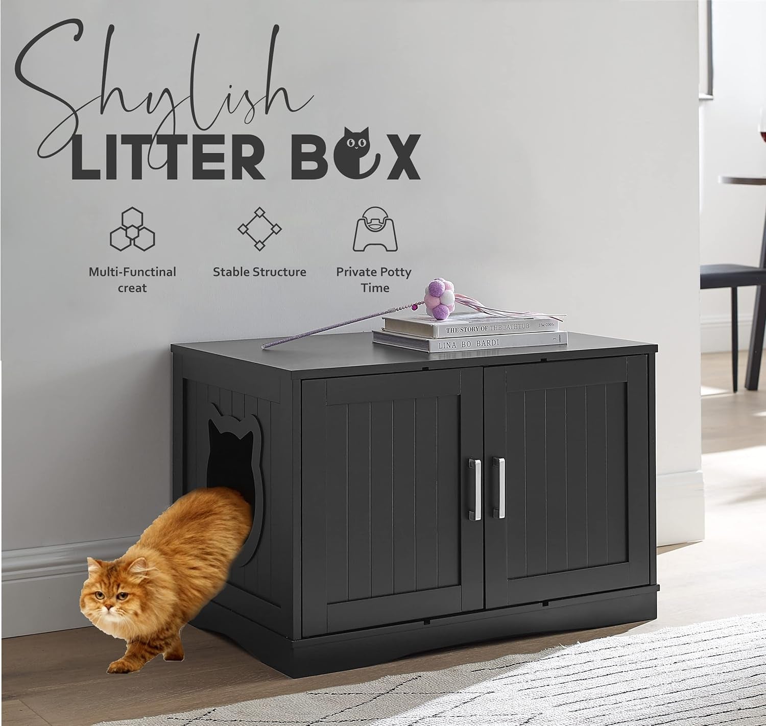 Designer Cat Washroom Storage Bench Cat Litter Box Enclosure Furniture Box House with Table, Spacious Storage, Easy Assembly, Fit Most of Litter Box 