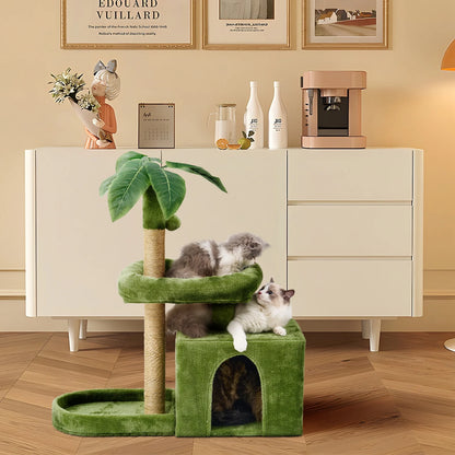 Cat Tower for Indoor Cats with Green Leaves, Cat Condo Cozy Plush Cat House with Hang Ball and Leaf Shape Design, Cat Furniture Pet House with Cat Scratching Posts