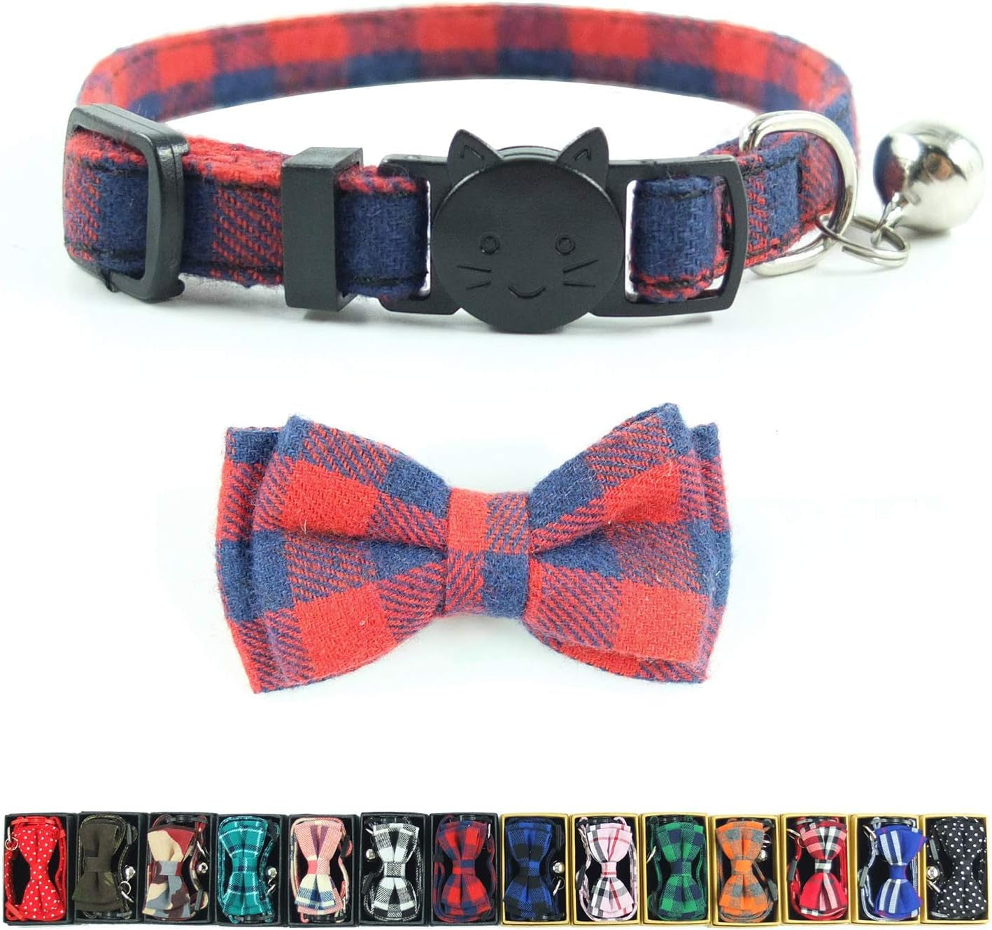 Cat Collar Breakaway with Bell and Bow Tie, Plaid Design Adjustable Safety Kitty Kitten Collars