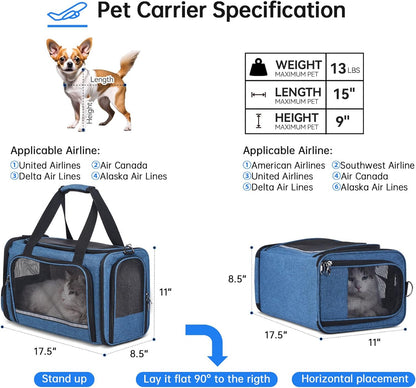 Cat Carrier Pet Travel Carrier by Airplane Approved under Seat, TSA Airline Approved Soft-Sided Carrier Bag for Cat,17.5 X 8.5 X 11 Inches (Blue)