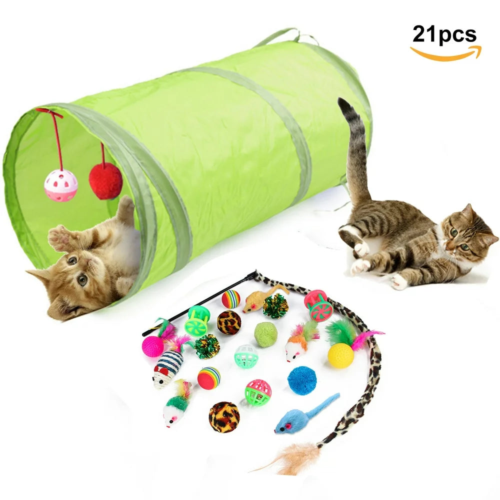 21 Pcs Cat Toys Assortments, Tunnel,  Interactive Cat Teaser,  Fluffy Mouse Crinkle Balls for Cat