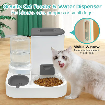 Gravity Cat Feeder and Water Dispenser, 2 in 1 Automatic Pet Waterer Detachable Stainless Steel Food Bowls Set Pet Food Storage for Cat 