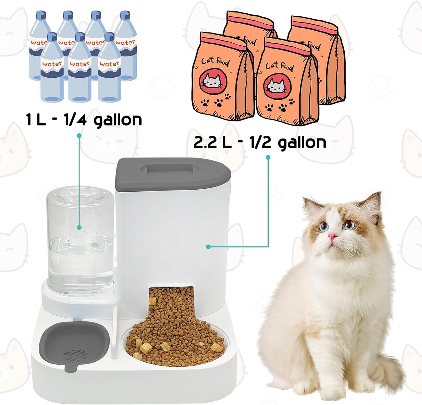 Gravity Cat Feeder and Water Dispenser, 2 in 1 Automatic Pet Waterer Detachable Stainless Steel Food Bowls Set Pet Food Storage for Cat 