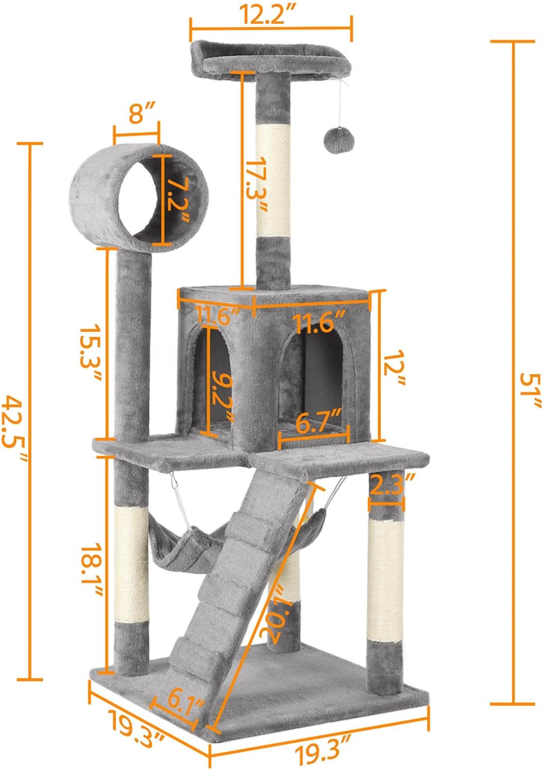 Cat Tree Tower Kitten Condo Scratching Post with Hammock Tunnel 51In