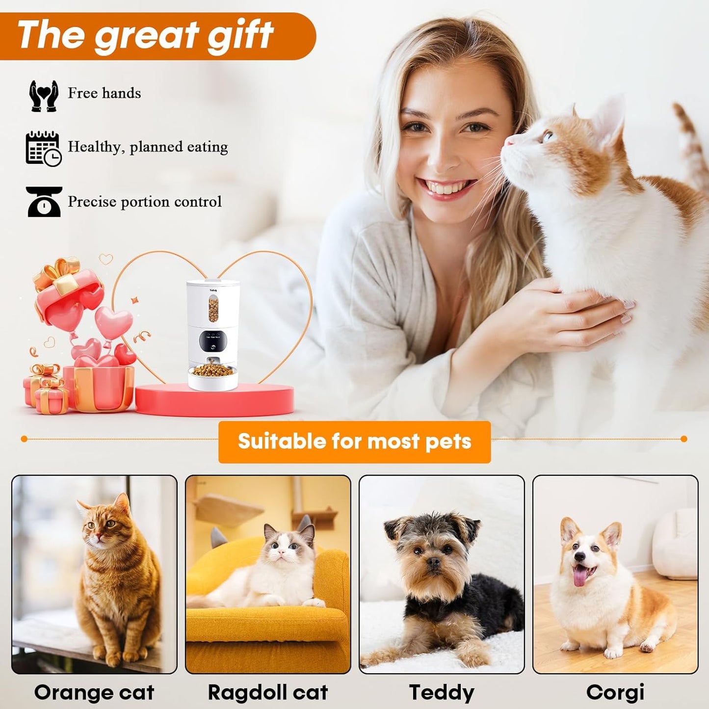 Automatic Cat Feeders Camera 5G: Wifi Easy to Clean Timed Smart Cat Food Dispenser 2-Way Audio Memory Function Pet Feeder HD 1080P Video Record APP Control Dry Food Clear Night Vision