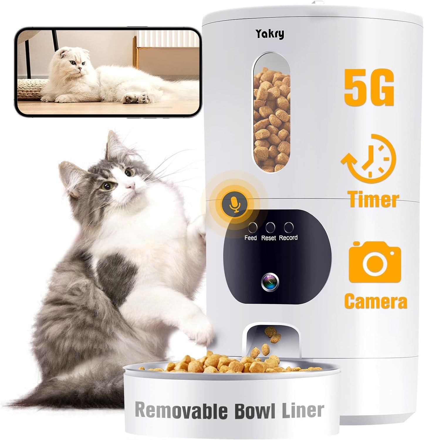 Automatic Cat Feeders Camera 5G: Wifi Easy to Clean Timed Smart Cat Food Dispenser 2-Way Audio Memory Function Pet Feeder HD 1080P Video Record APP Control Dry Food Clear Night Vision