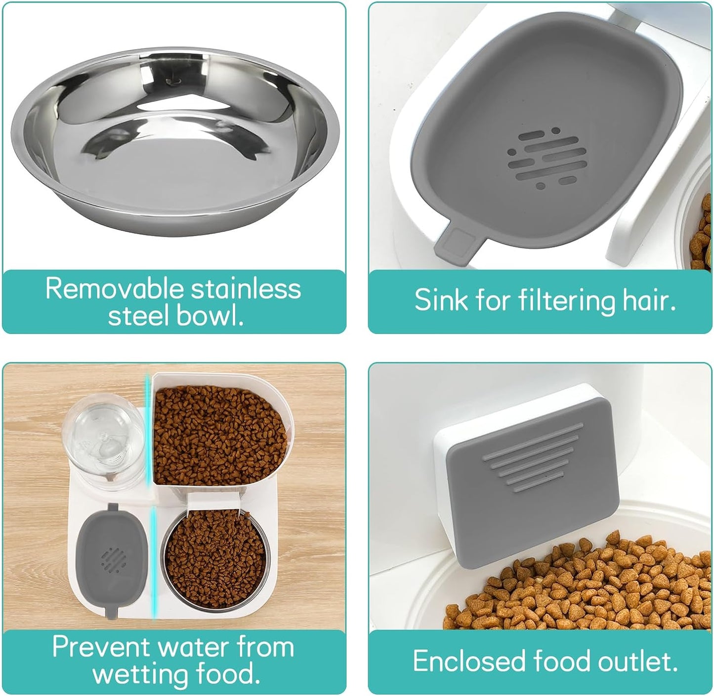 Gravity Cat Feeder and Water Dispenser, 2 in 1 Automatic Pet Waterer Detachable Stainless Steel Food Bowls Set Pet Food Storage for Cat 