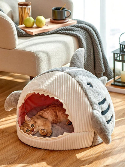 Shark-Shaped Kitten Bed, Hideout House, Warm Soft Comfortable, Semi-Closed Cat Nest 