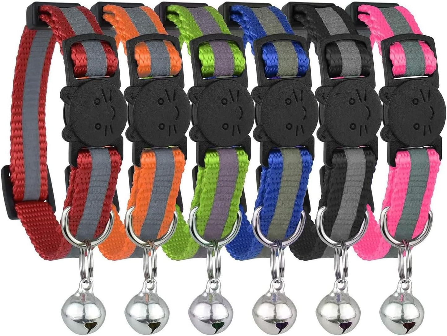 Upgraded Version - Reflective Cat Collar with Bell, Set of 6, Solid & Safe Collars for Cats, Nylon, Mixed Colors, Pet Collar, Breakaway Cat Collar Charms