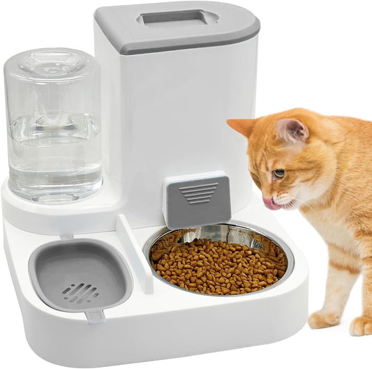 Gravity Cat Feeder and Water Dispenser, 2 in 1 Automatic Pet Waterer Detachable Stainless Steel Food Bowls Set Pet Food Storage for Cat 