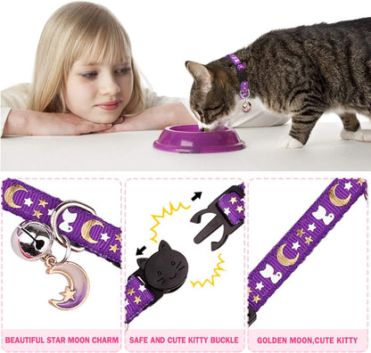 2 Pack Breakaway Cat Collar with Bell Gold Moons and Stars 