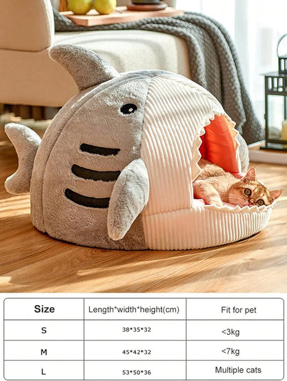 Shark-Shaped Kitten Bed, Hideout House, Warm Soft Comfortable, Semi-Closed Cat Nest 