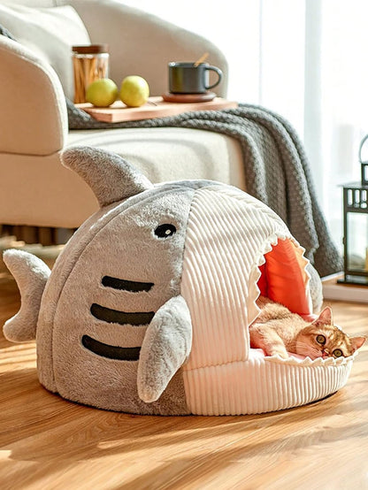 Shark-Shaped Kitten Bed, Hideout House, Warm Soft Comfortable, Semi-Closed Cat Nest 