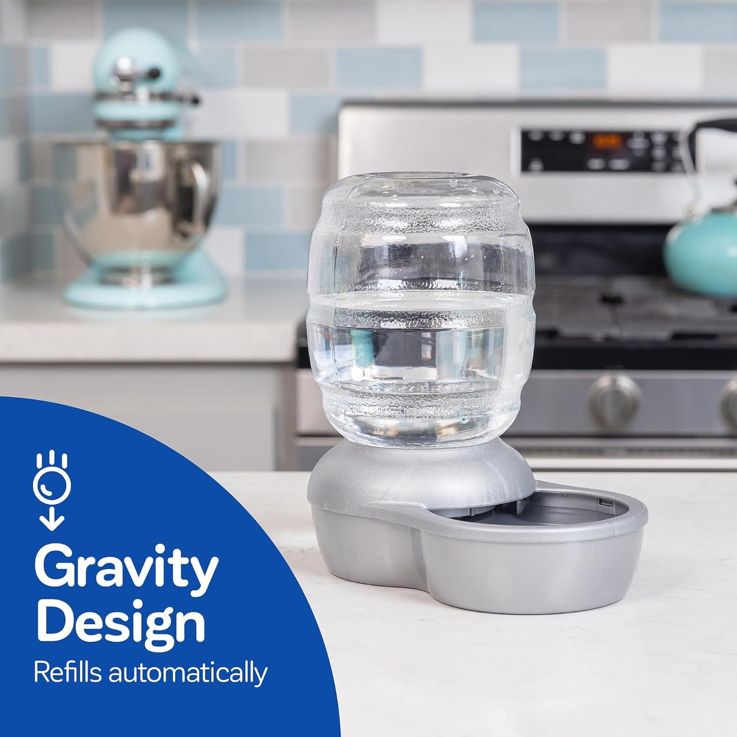 Replendish Automatic Gravity Waterer for Cats, Bpa-Free, No Batteries Required, Includes Charcoal Filter, 0.5 Gallon,Silver