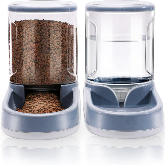 Pets Automatic Feeder and Waterer Set,Dogs Cats Food Feeder 3.8L,2 in 1 Water Dispensers for Small Medium Big Pets (B-Gray)